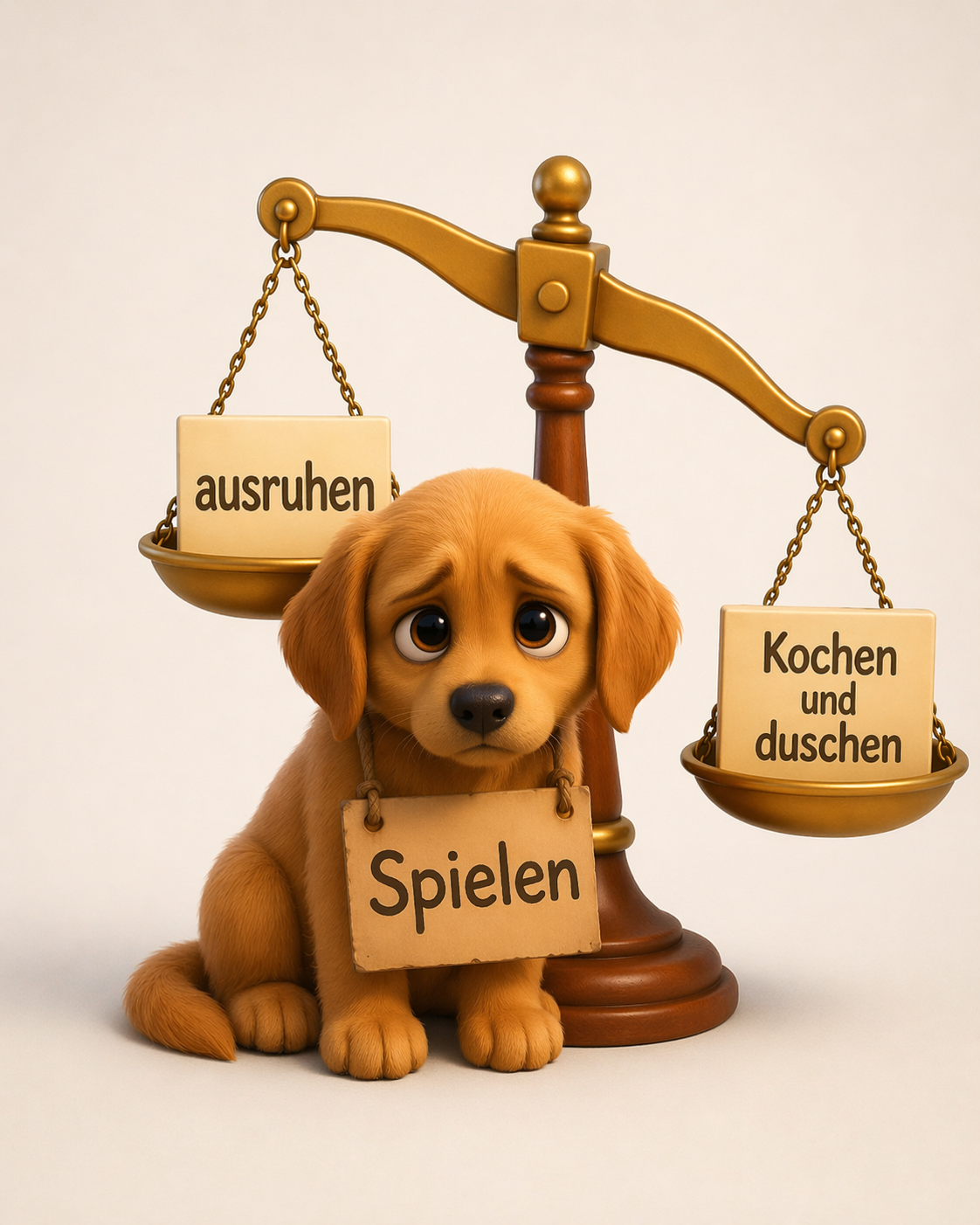 Müder Hund vor einer Waage mit den Möglichkeiten ausruhen, spielen sowie kochen und duschen