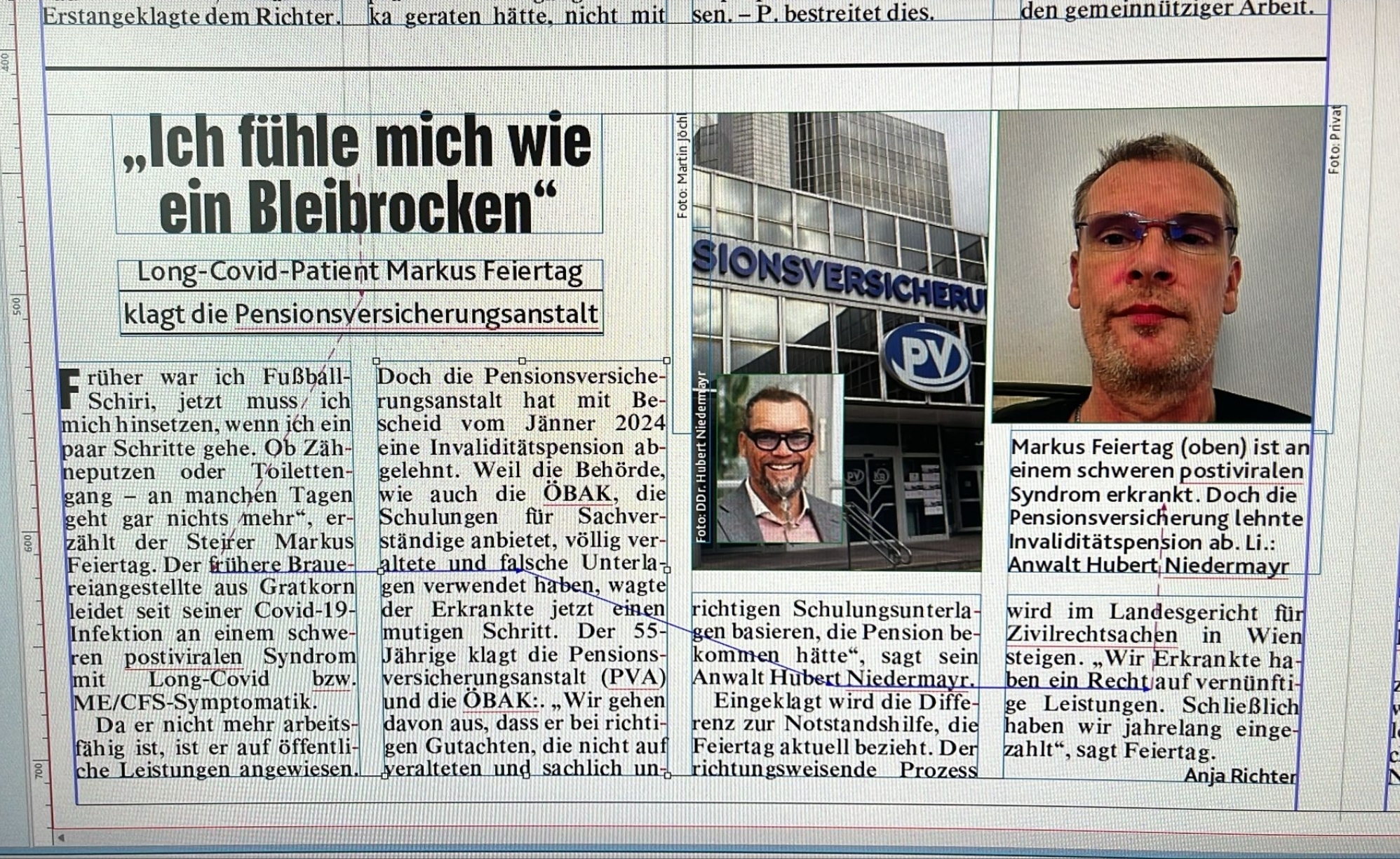 Ausschnitt aus dem Bericht der Kronen Zeitung über Markus Feiertags Klage gegen die Pensionsversicherung