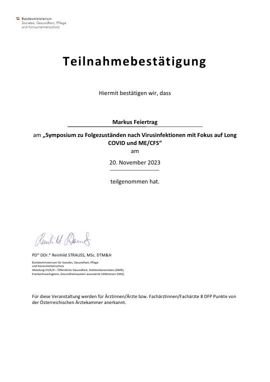 Vorschau der Teilnahmebestätigung zum Symposium über Folgezustände nach Virusinfektionen