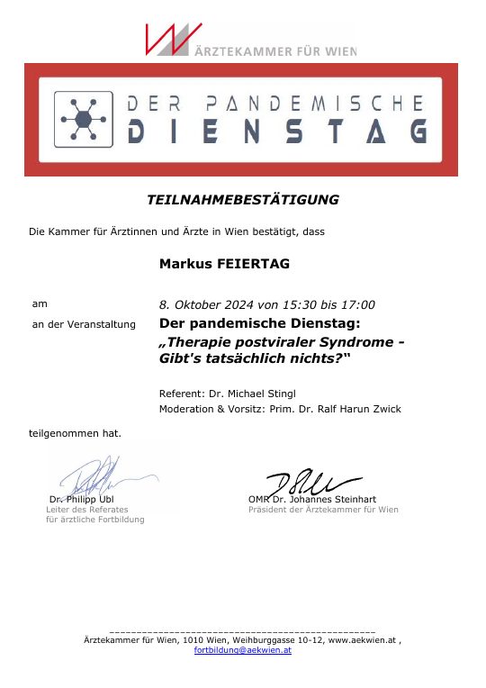 Vorschau der Teilnahmebestätigung zum Pandemischen Dienstag über Therapie postviraler Syndrome
