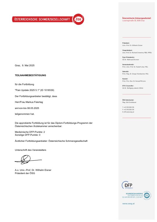 Vorschau der Teilnahmebestätigung Pain Update 2025