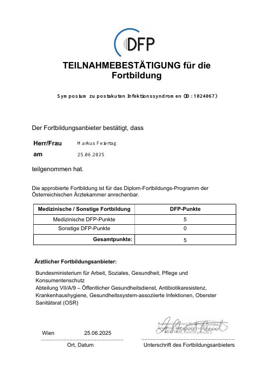 Vorschau der Teilnahmebestätigung zum Symposium über postakute Infektionssyndrome
