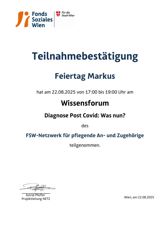 Vorschau der Teilnahmebestätigung zum Wissensforum Diagnose Post Covid