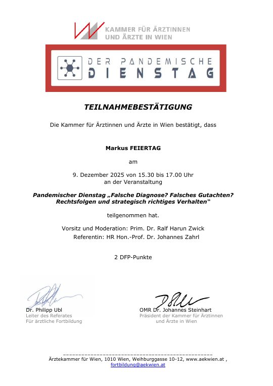 Vorschau der Teilnahmebestätigung zum Pandemischen Dienstag über Diagnose und Gutachten